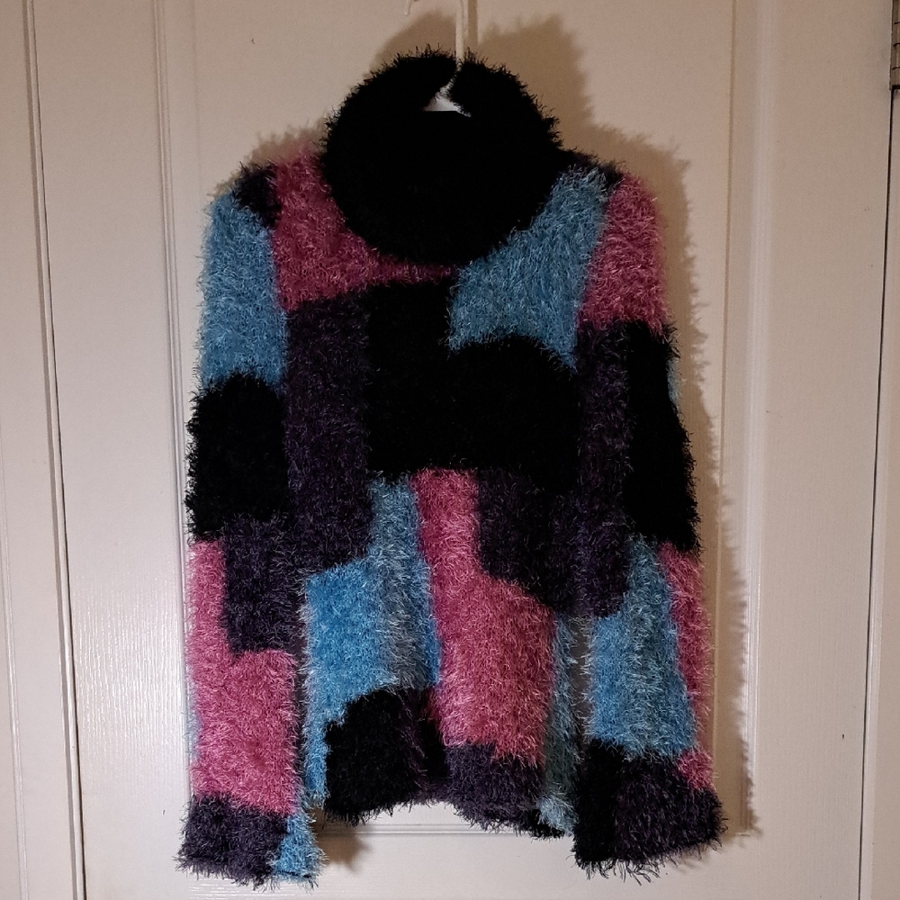 ✨ Y2K Fuzzy Colorblock Turtleneck | Retro Statement Sweater